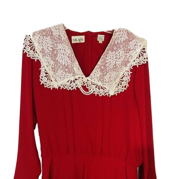 Vtg 80's‎ Nilani Red Applique Lace Pleated Tea Dress Pearls Fancy Party sz 11/12 - Picture 4 of 16